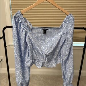 Forever 21 Light Blue Floral Smocked Blouse